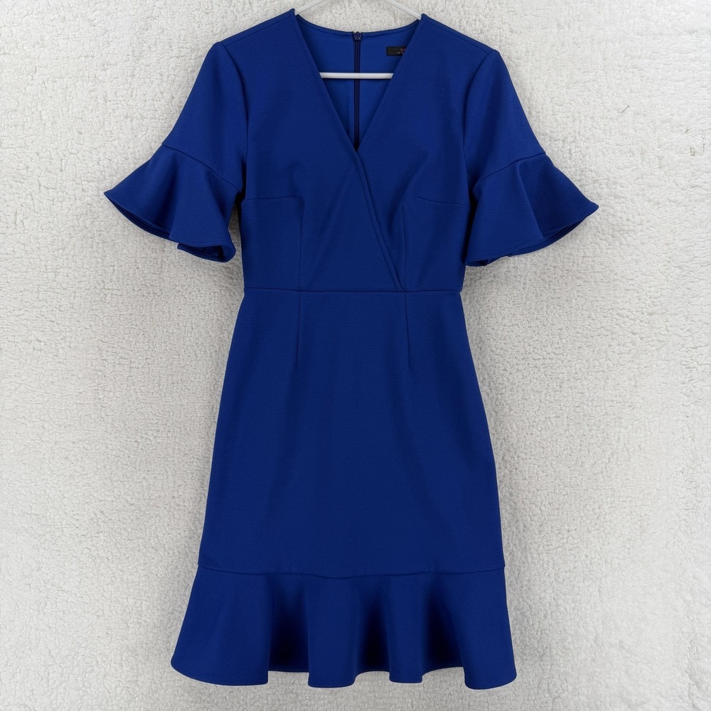 Trina Turk‎ Dress Womens 0 Blue Knit Fit & Flare Ruffle Hem Bell Sleeve V Neck